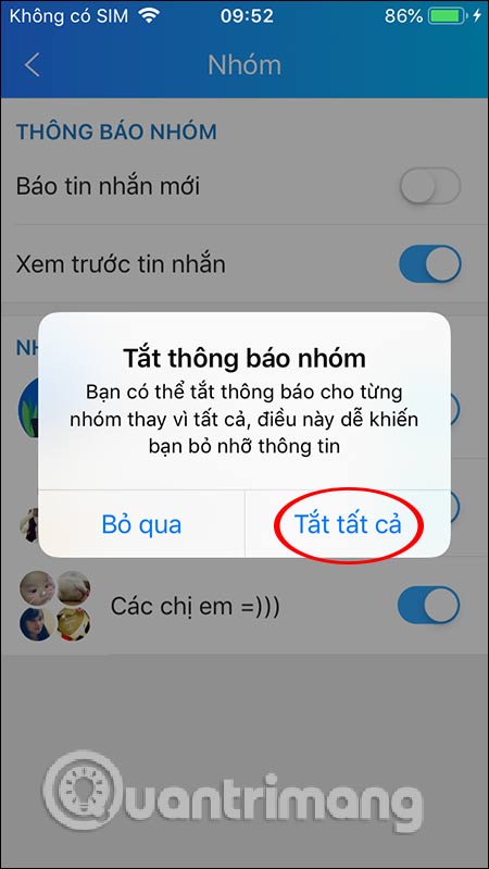 Tắt thông báo nhóm toàn bộ