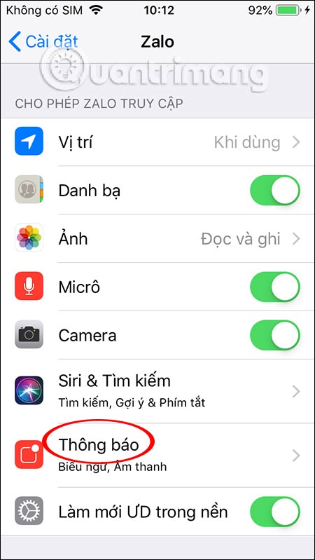 Chỉnh thông báo ứng dụng Zalo