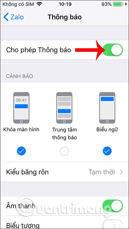 Tắt cho phép thông báo