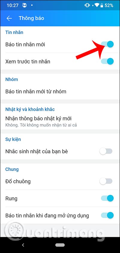 Tắt thông báo Zalo Android