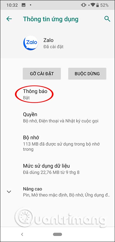 Thông báo Zalo Android