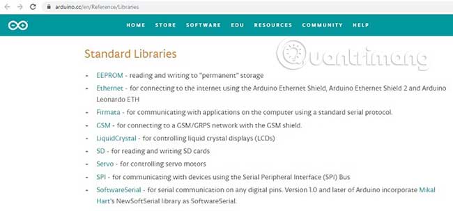 Trang web chính thức của Arduino duy trì một danh sách tham khảo các thư viện có sẵn để tải xuống và cài đặt