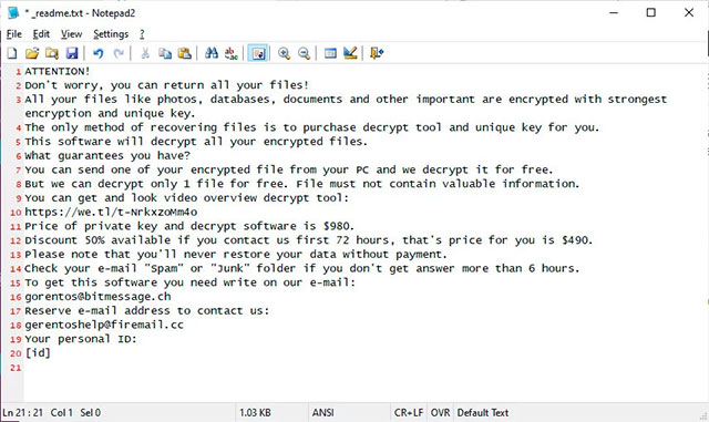Ghi chú đòi tiền chuộc của ransomware STOP 