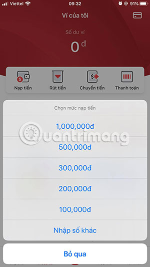 Chọn số tiền cần nạp
