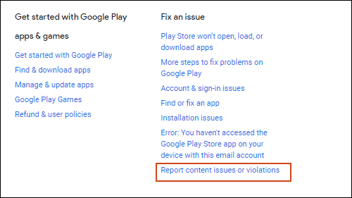 Click vào Report Content Issues or Violations