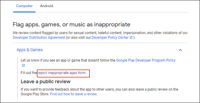 Click vào liên kết Report Inappropriate Apps Form