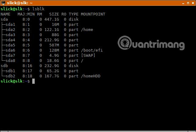 Liệt kê tên thiết bị, thông tin ổ đĩa và phân vùng trong Linux với lsblk