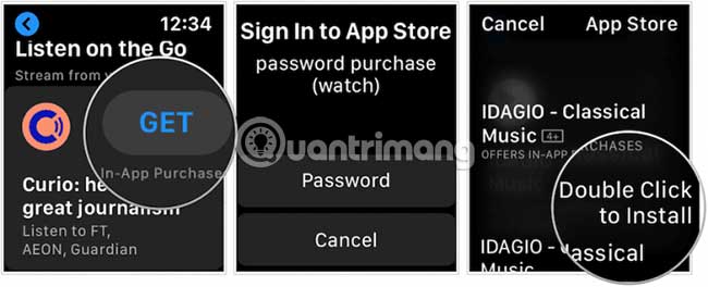 Đối với các lần mua tiếp theo, bạn nhấn Double Click to Install trên Apple Watch để tải hoặc mua một ứng dụng mới