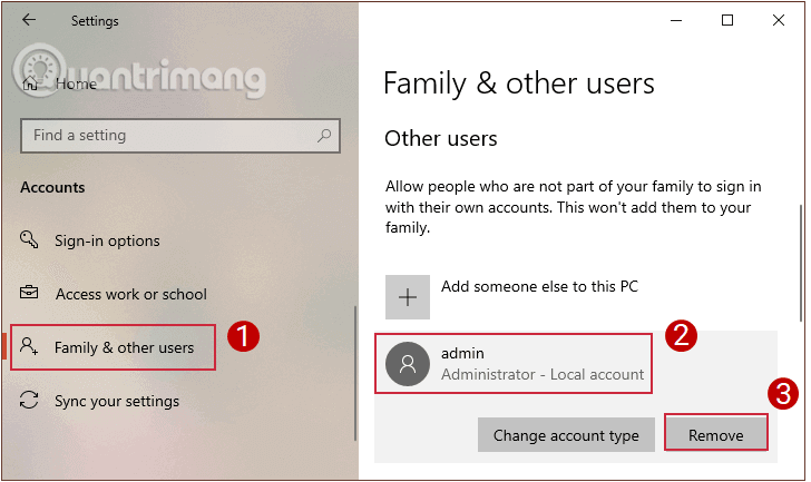 Chọn tài khoản user mà bạn muốn xóa trong Family and other users