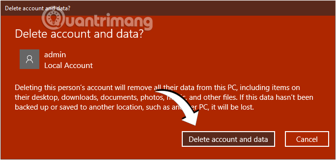 Click mua Delete account and data ở thông báo hiện lên để xác nhận xóa user