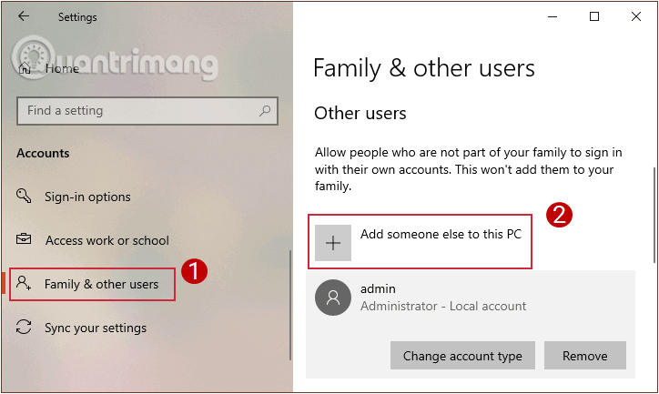 Thêm tài khoản user trong Family and other users