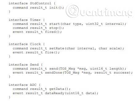 Một snippet code nesC bao gồm một bộ đếm thời gian, đồng hồ, tin nhắn và đầu ra theo kiến ​​trúc dựa trên các thành phần.