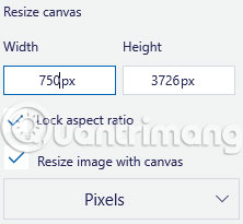 Bạn cũng có thể chọn tính kích thước hình ảnh bằng pixel hay tỷ lệ phần trăm, bằng cách nhấp vào menu drop-down bên trong phần Resize canvas