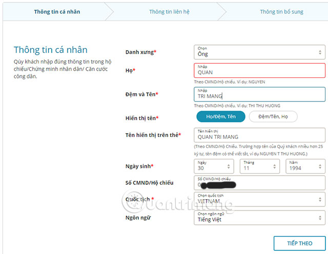 Điền thông tin cá nhân tài khoản Bông Sen Vàng