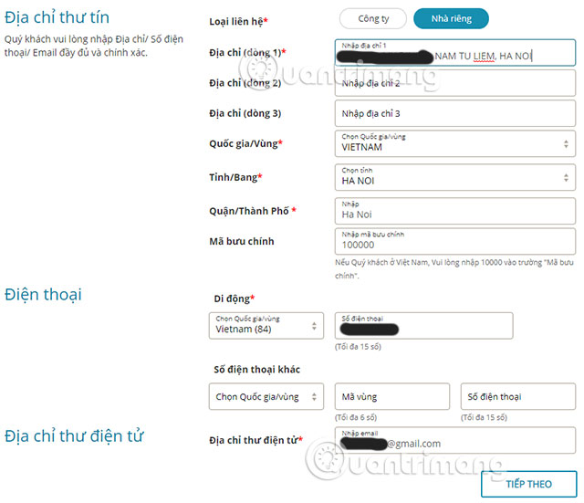 Điền thông tin liên hệ tài khoản Bông Sen vàng