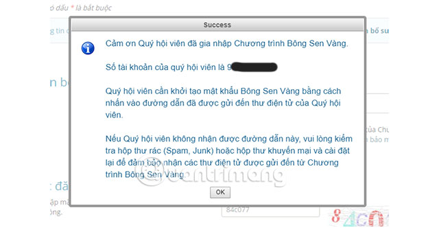 Thông báo đăng ký tài khoản Bông Sen Vàng thành công