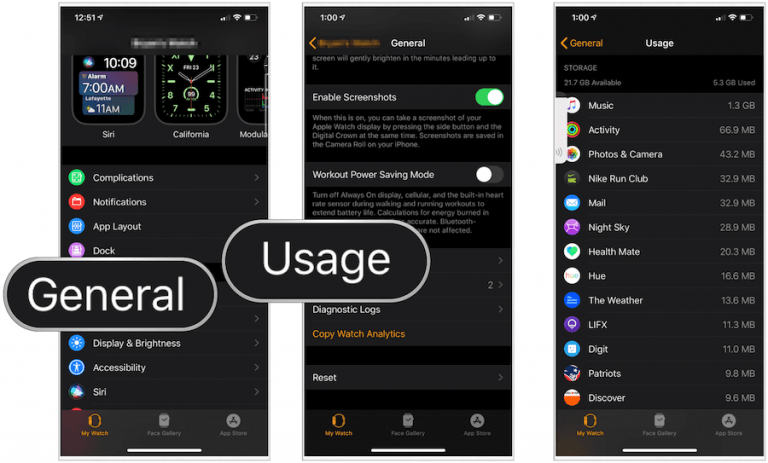 Dung lượng đang được sử dụng trên Apple Watch