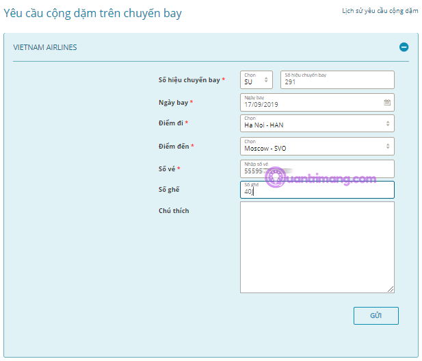 Điền thông tin về chuyến bay muốn cộng dặm