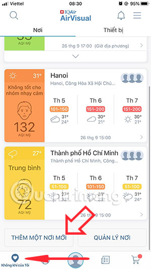 Thêm một thành phố mới AirVisual