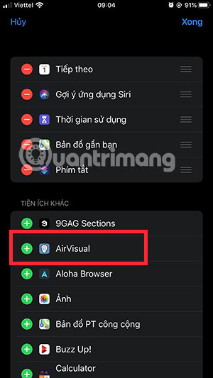 Thêm Widget AirVisual