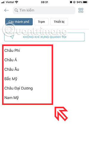 Chọn châu lục AirVisual