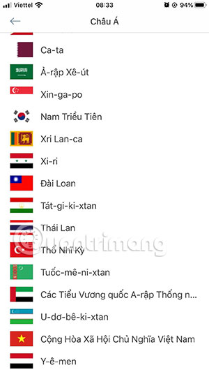 Chọn thành phố trong châu lục AirVisual
