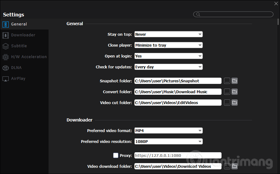 Giao diện Settings