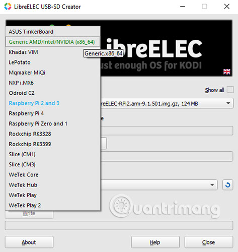 Hãy khởi động LibreELEC USB-SD Creator và chọn nền tảng đích với Select version