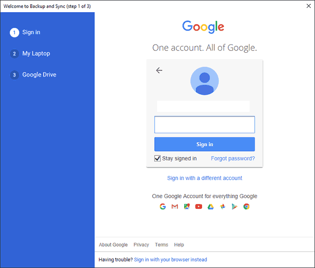 Đăng nhập vào tài khoản Gooogle muốn sao chép dữ liệu