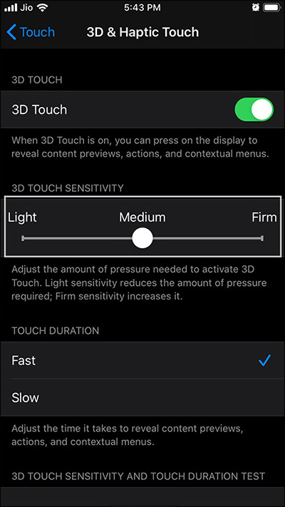 3D Touch sensitivity adjustment