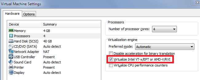 Chọn Virtualize Intel VT-x/EPT or AMD-V/RVI