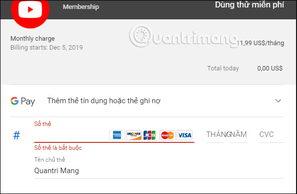 Nhập thông tin thẻ tín dụng