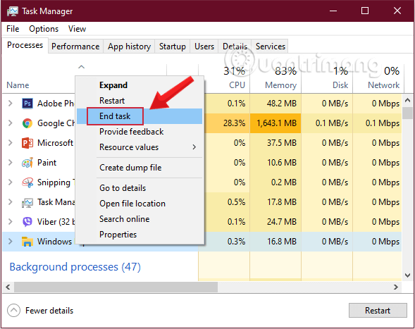 Đóng tiến trình Windows Explorer trong Task Manager