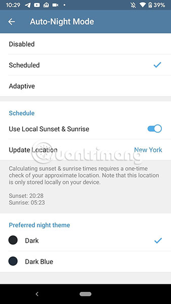 Khi "Use Local Sunset & Sunrise" được chọn, Telegram sẽ yêu cầu thông tin vị trí của bạn
