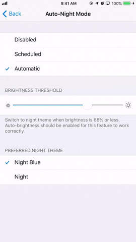 Nếu độ sáng thấp hơn tỷ lệ phần trăm bạn đặt ở đây, chế độ Dark Mode sẽ hoạt động