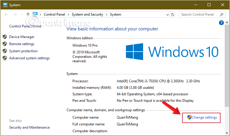 Chọn Change Settings ở cửa sổ giao diện