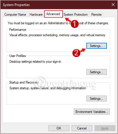 Tại thẻ Advanced, bạn click chọn Settings trong mục Performance