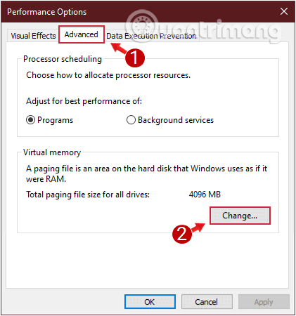 Click chọn Change trong mục Virtual memory