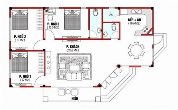 Bản vẽ mặt bằng mẫu nhà cấp 4 gồm 3 phòng ngủ hiện đại.