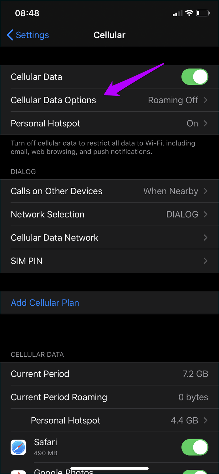 Chạm vào Cellular Data Options