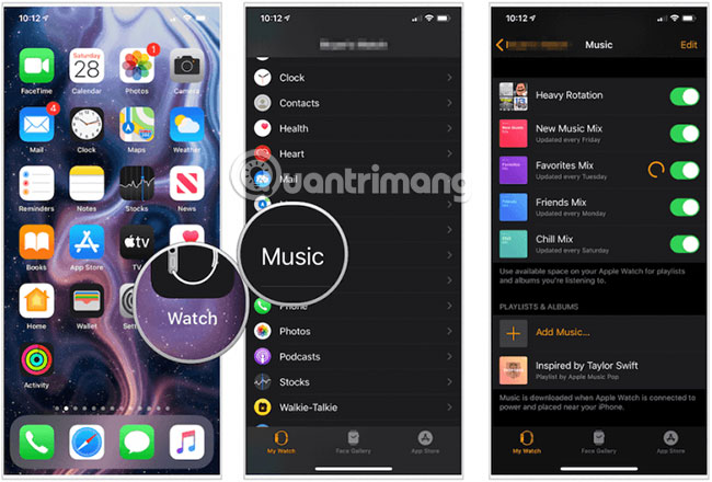 Watch > Music > + Add Music để thêm bài hát