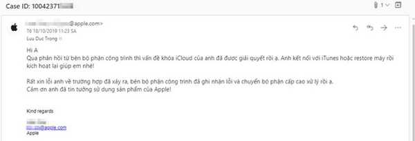 Một nạn nhân của website đã được Apple mở khoá iCloud. (Ảnh: Luu Duc Trong/Cộng đồng iPhone Lock Việt Nam).