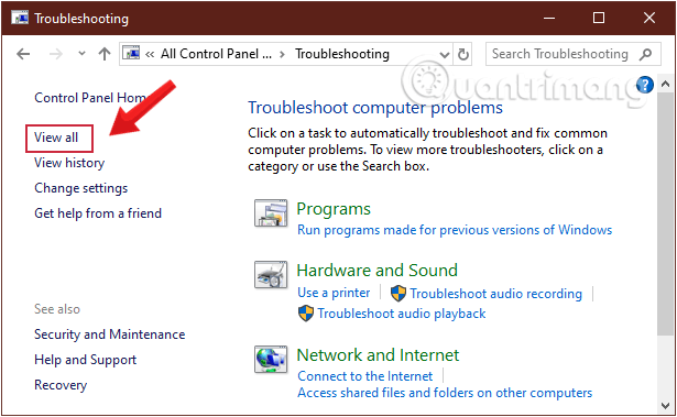 Chọn View all trên cửa sổ Troubleshooting