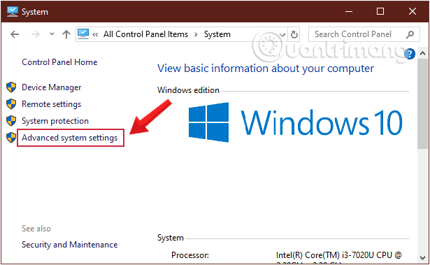 Chọn Advanced System Settings trên cửa sổ System