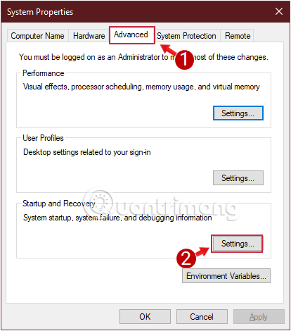 Tại thẻ Advanced, bạn click chọn Settings trong mục Startup and Recovery