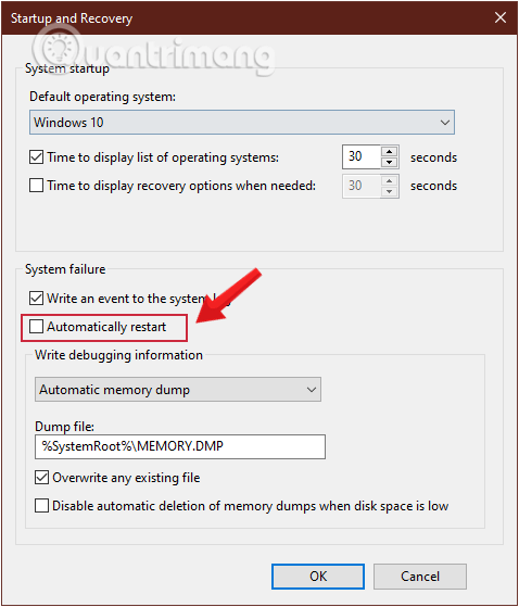 Bỏ tích mục Automatically restart