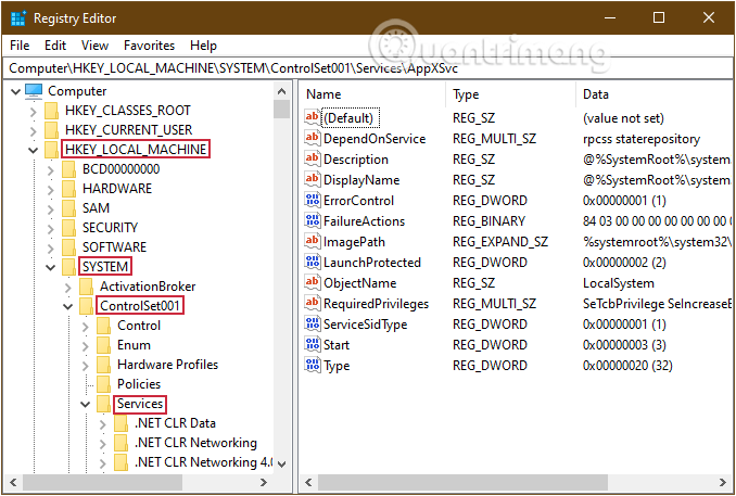 Điều hướng theo đường dẫn HKEY_LOCAL_MACHINE\SYSTEM\ControlSet001\Services\AppXSvc