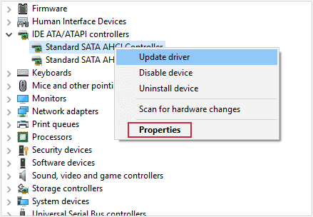 Kích chuột phải vào Standard SATA AHCI Controller chọn Properties
