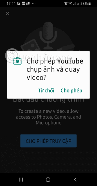 Cấp quyền truy cập vào máy ảnh cho YouTube