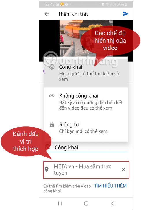Chế độ hiển thị và vị trí của video tải lên YouTube